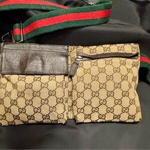 Gucci Beige GG Canvas Double Pouch Belt Bag with Green-Red Web Strap